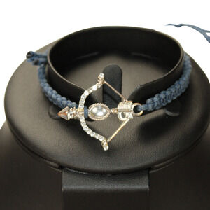 Bow Arrow Rhinestone Pendant Silver Tone Blue Woven Cord Bracelet Unisex